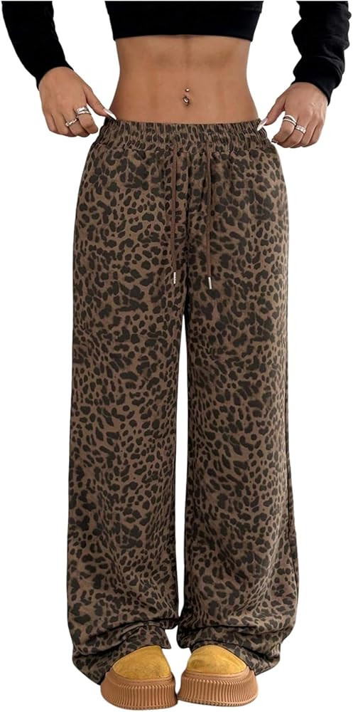 Floerns Women's Y2k Leopard Print Pants Drawstring Waist Wide Leg Loose Trousers | Amazon (US)