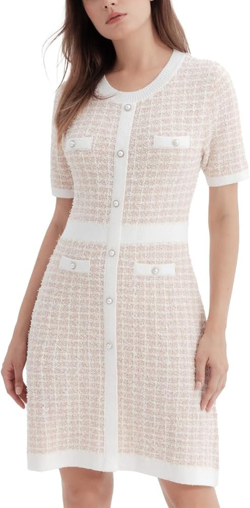 Women's Sweater Dress Knit Tweed Dress Short Sleeve Pearl Button Mini Dresses Trendy for Fall Spr... | Amazon (US)