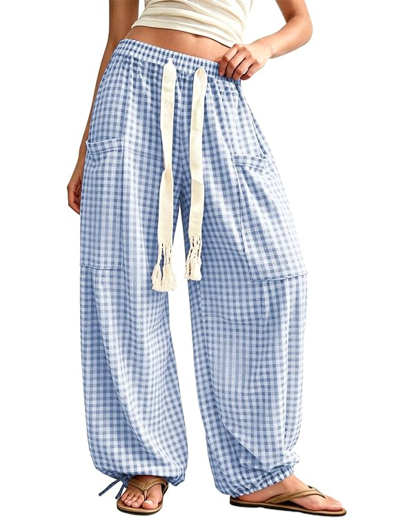 Springrain Womens Gingham Boho Pants Baggy Drawstring Wide Leg Trousers | Amazon (US)