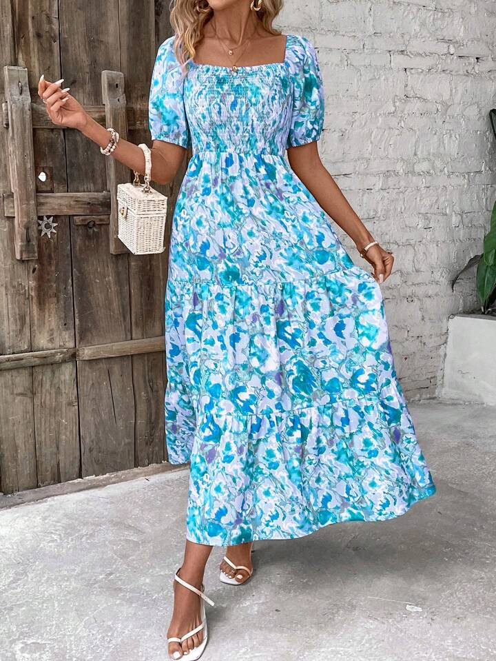 SHEIN VCAY Elegant Women Irregular Blue Printed Dress With Pleating Detail At Chest | SHEIN