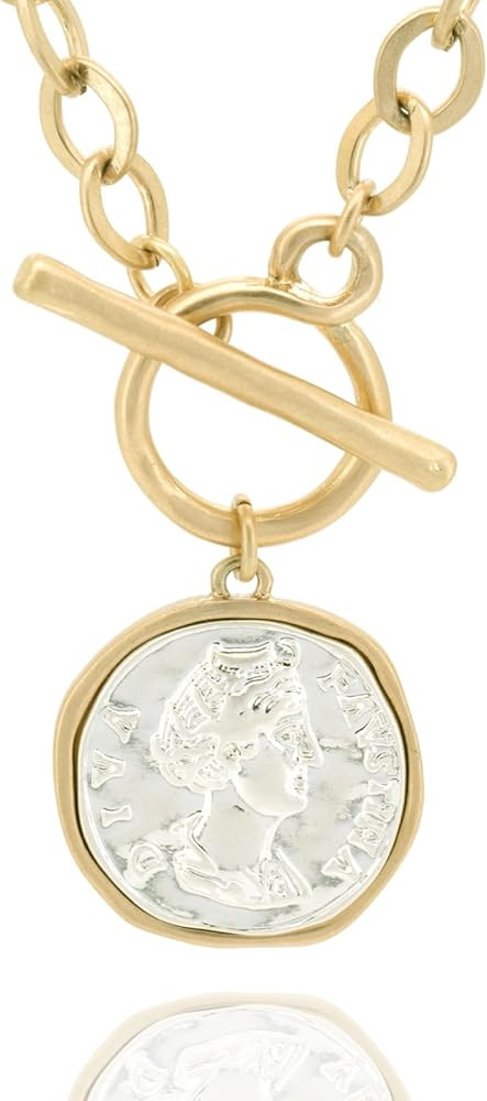 Chunky Gold Coin Pendant Necklace Trendy Layered Statement Chain for Women, Antique Toggle Design... | Amazon (US)