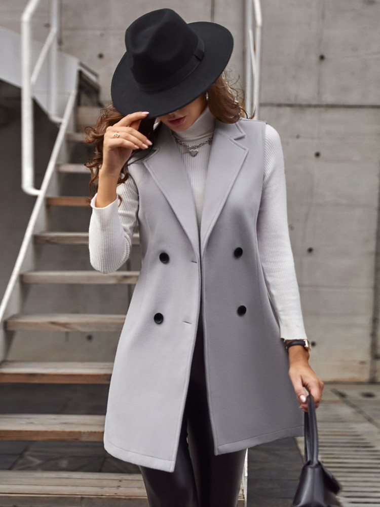 Double-breasted Lapel Neck Sleeveless Coat | SHEIN