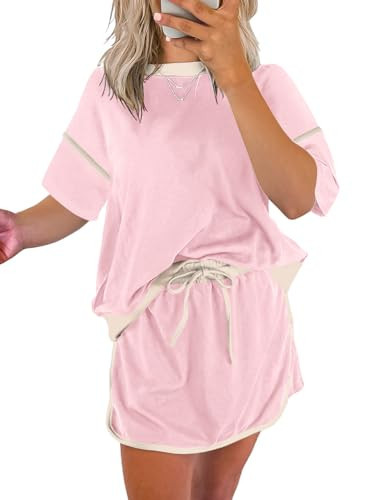 EVALESS Two Piece Sets for Women Summer Skirt Outfits Oversized Short Sleeve Tshirts Shirts Matching Drawstring Waisted Short Skirts Cute Lounge Set Airport Travel Vacation Clothes Pink Large | Amazon (US)