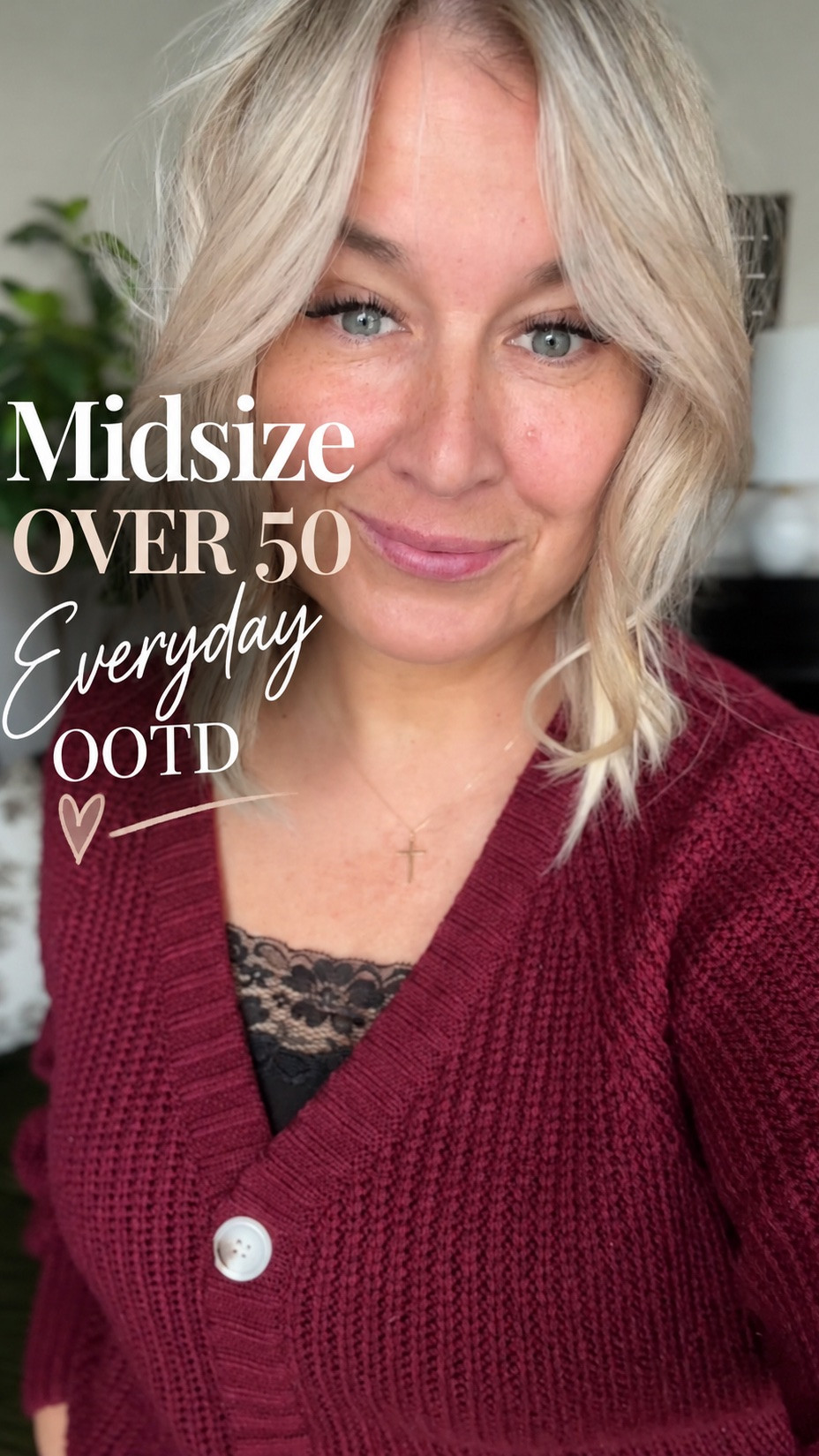 Midsize over 50 everyday OOTD 🤎 Easy, comfortable fall style with a cozy burgundy cardigan, lace cami and denim. A simple outfit idea for women over 50 who want effortless, wearable everyday style.

midsize fashion over 50, women over 50 style, everyday outfit ideas, fall outfits for women, midsize fall outfit, casual style over 50, cardigan outfit, denim outfit, midlife fashion, size 14 outfit inspiration