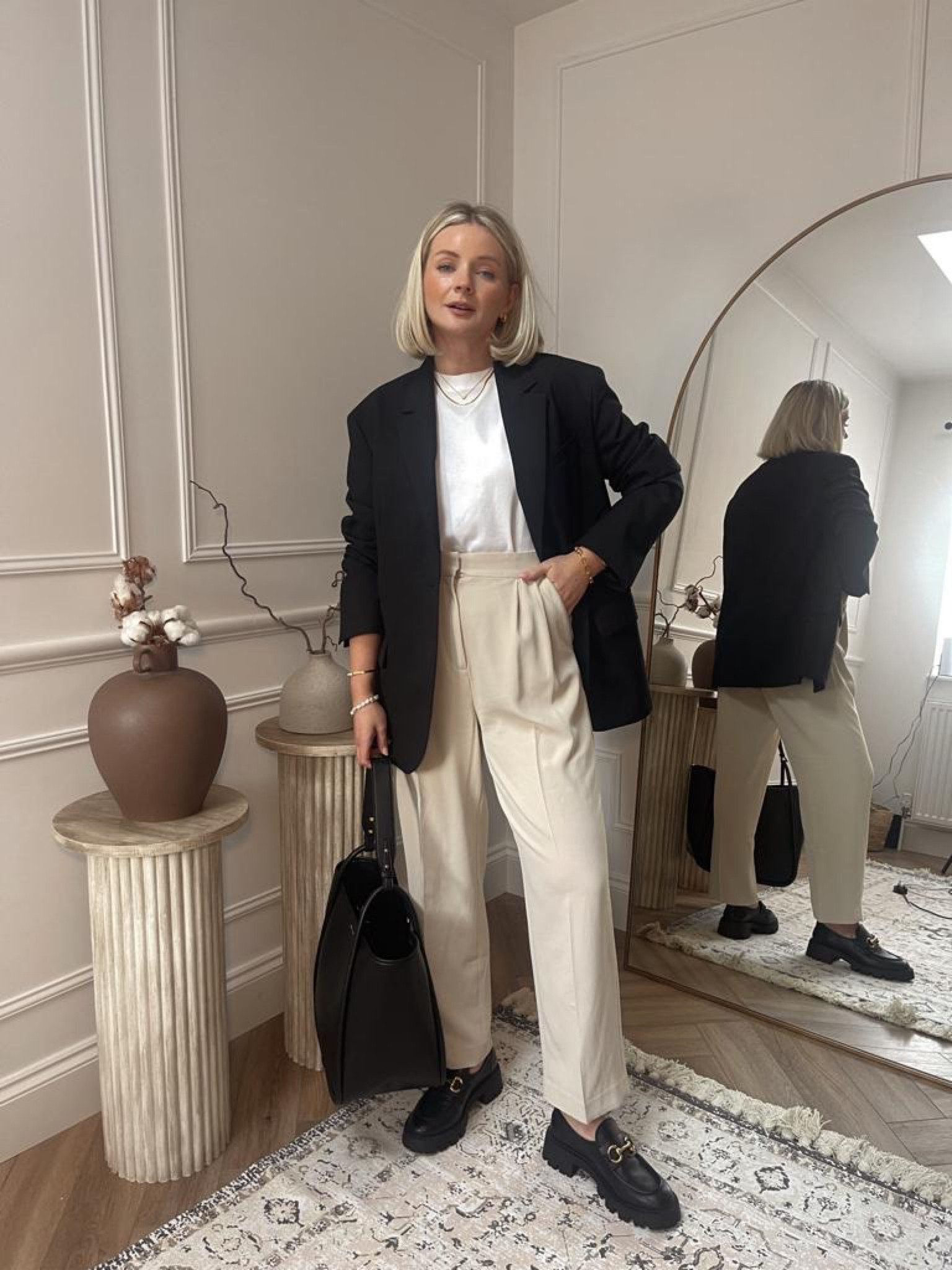 Ways to wear a black blazer - the perfect workwear look. H&M black blazer, COS white t-shirt, H&M beige tailored trousers, black chunky loafers, black tote bag & gold monica vinader jewellery  

#LTKshoecrush #LTKstyletip #LTKitbag