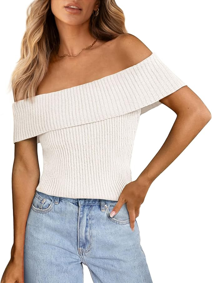 PRETTYGARDEN Women's 2025 Summer Off Shoulder Sweater Tops Ribbed Knit Short Sleeve Trendy Going ... | Amazon (US)