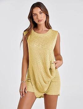 QIBABU Womens Knit Pajamas Sets 2 Piece Outfits Casual Sleeveless Sweater Tank Top Shorts Loungew... | Amazon (US)