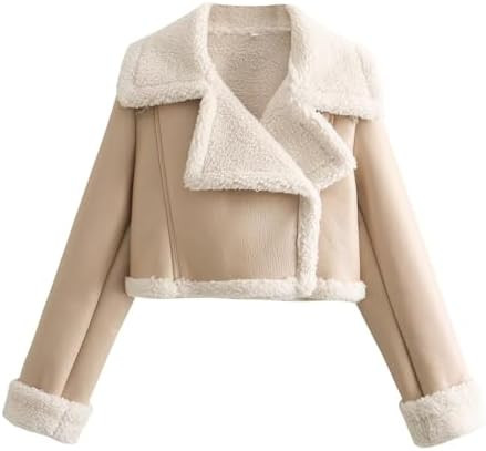 utcoco Womens Leather Jacket Faux Fur Moto Jacket Winter Trench Coat Cropped Shearling Jacket | Amazon (US)