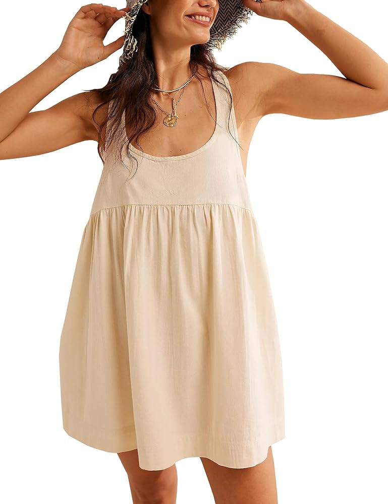 Womens Summer Dresses Sleeveless Square Neck Mini Dress Open Back Casual Babydoll Sundress | Amazon (US)