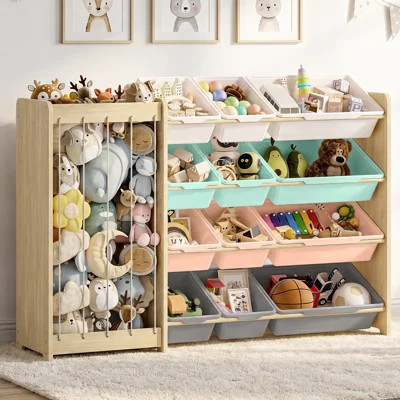 2-In-1 Toy Storage Shelf & Stuffed Animal Storage - Solid Wood Kids Bookcase with Open Bin, Modern Playroom, Nursery Furniture | Wayfair North America
