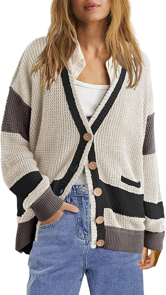 Panadila Womens Oversized Color Block Cardigan Sweaters Knit Long Sleeve V Neck Button Down Cardi... | Amazon (US)