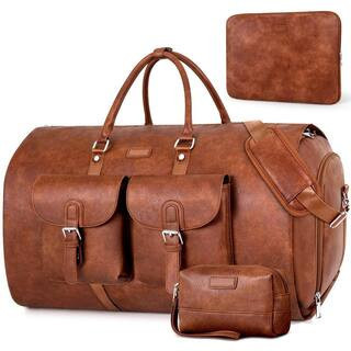 Brown Faux Leather Garment Bag for Travel, Convertible Carry on Garment Duffel Bag for Men, 2 in 1 Hanging Suitcase | The Home Depot