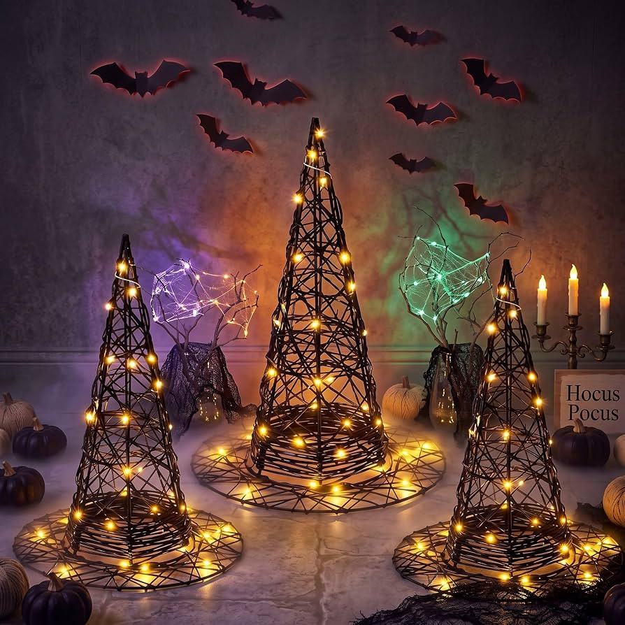 Thyle 3 Pcs Halloween Wicker Witch Hat, Black Rattan Decor with LED Lights | Amazon (US)