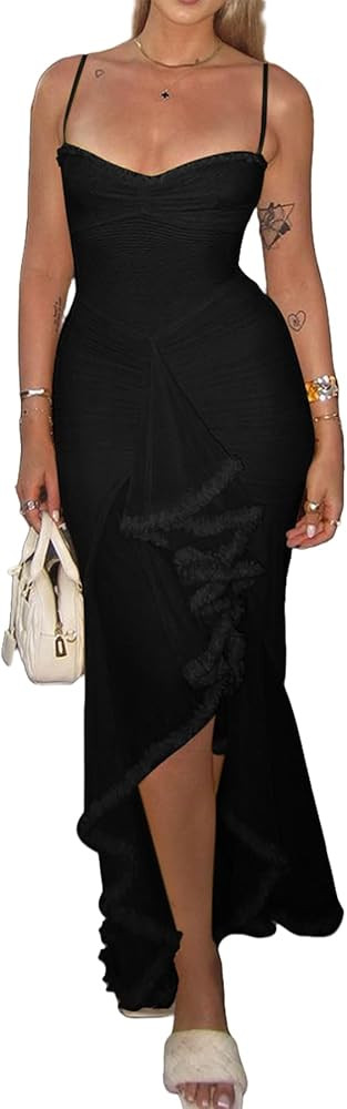NRTHYE Women Elegant Irregular Ruffles Hem Maxi Dress Mesh Ruched Sleeveless Backless Pleated Lon... | Amazon (US)