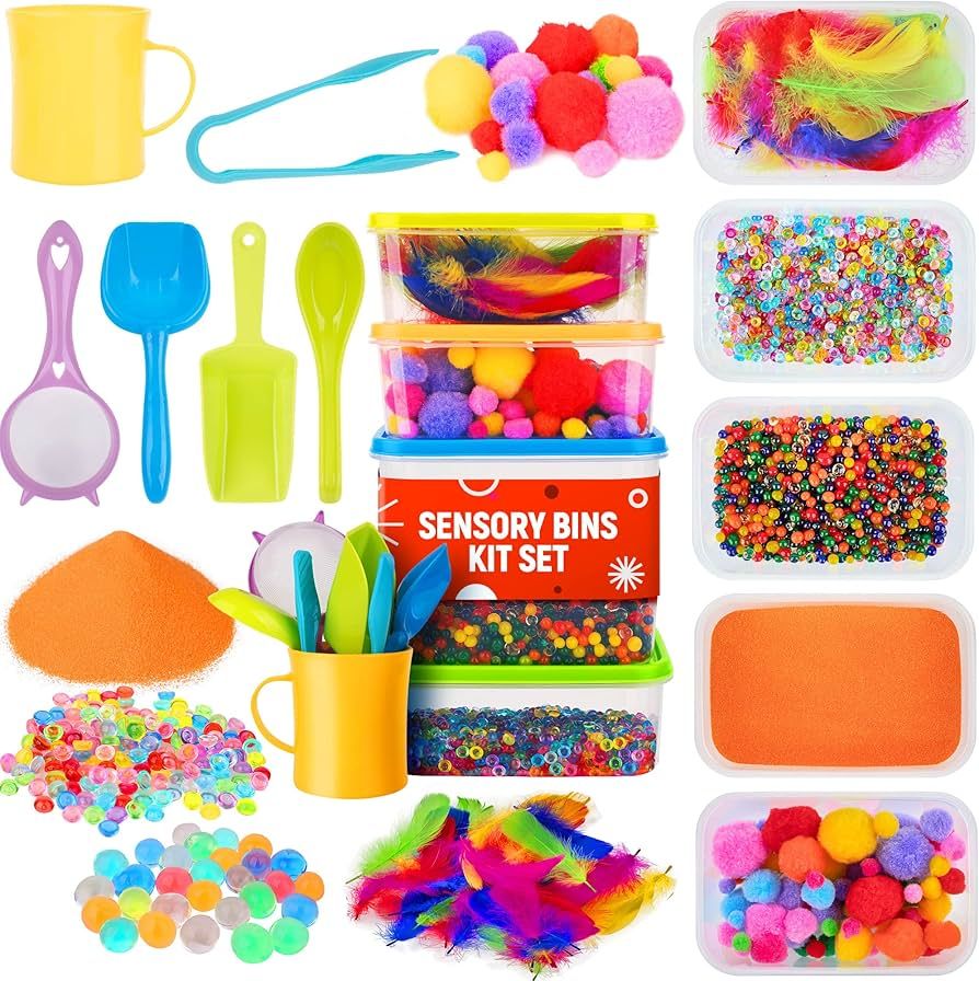 Lolo Toys Sensory Kit for Toddlers - Includes 5 Bins with Lids, Play Tools, Sand, Feathers, Water... | Amazon (US)