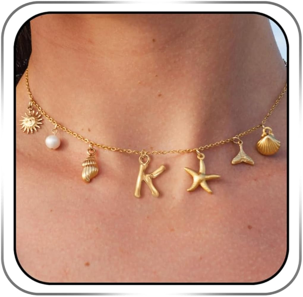 Initial Charm Necklace For Women Shell Seashell Summer Beach Letter 14K Gold Plated Pendant Starf... | Amazon (US)