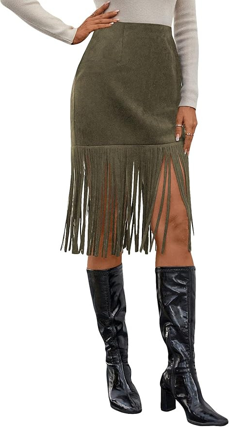 WDIRARA Women's Tassel Fringe Trim Faux Suede Straight Hem High Waisted Midi Skirt | Amazon (US)