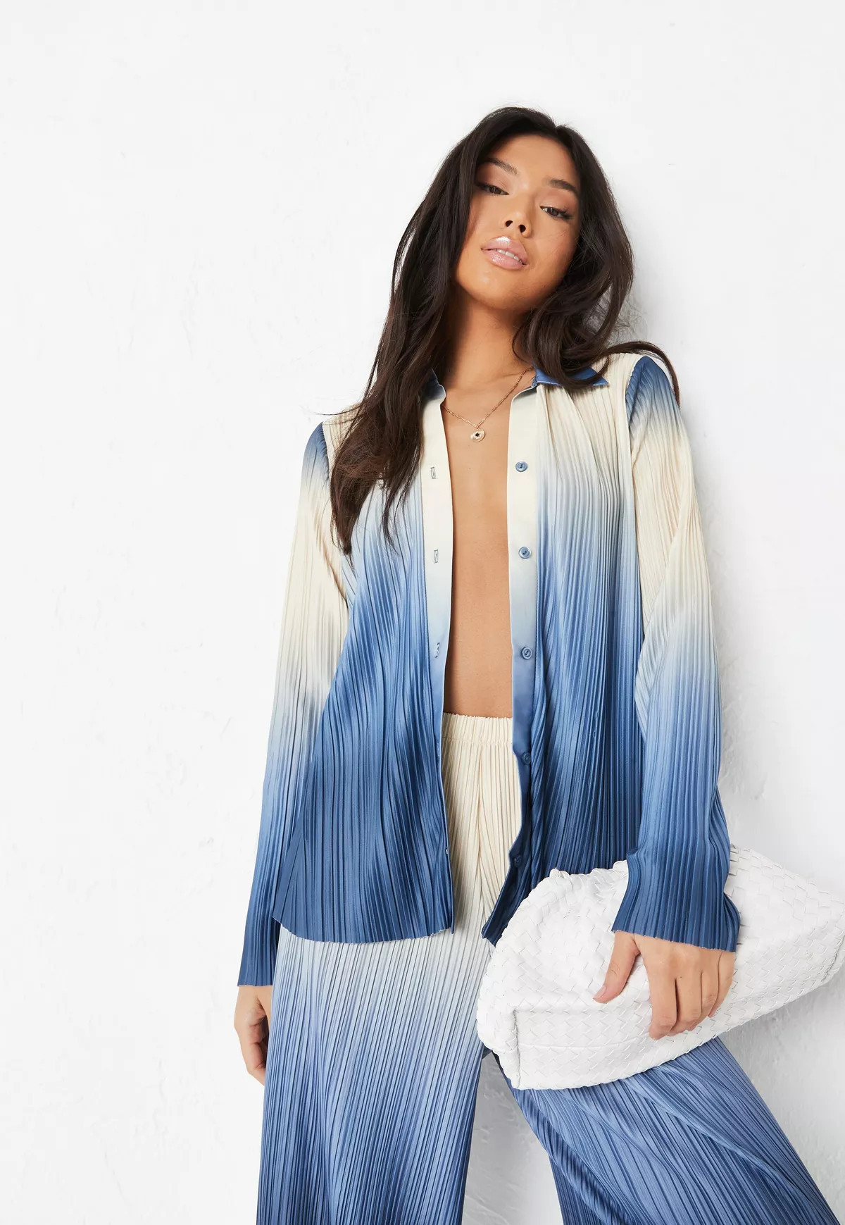 Blue Co Ord Ombre Plisse Oversized Shirt | Missguided (US & CA)