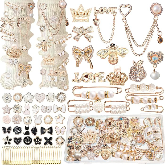72Pcs Junk Socks Charms Kit, Gold Brooches and Pins for Women,Pearl and Rhinestone Sock Charms wi... | Amazon (US)