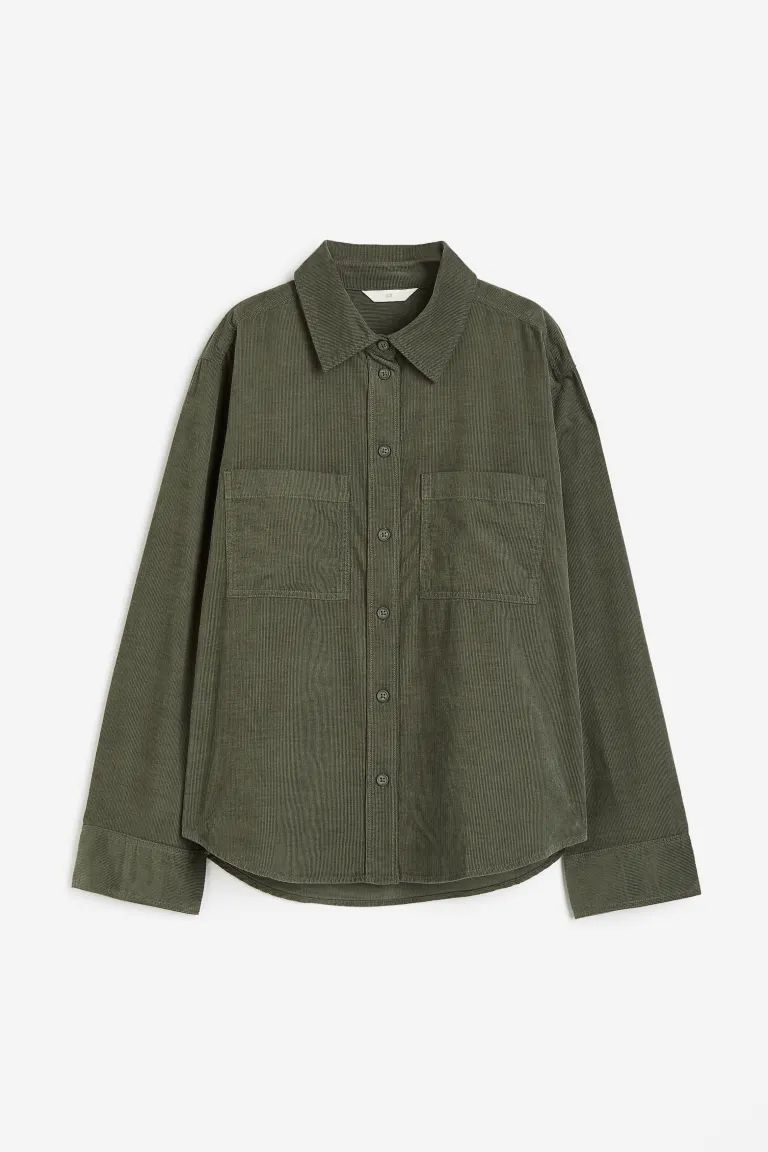 Corduroy shirt - Dark khaki green - Ladies | H&M GB | H&M (UK, MY, IN, SG, PH, TW, HK)