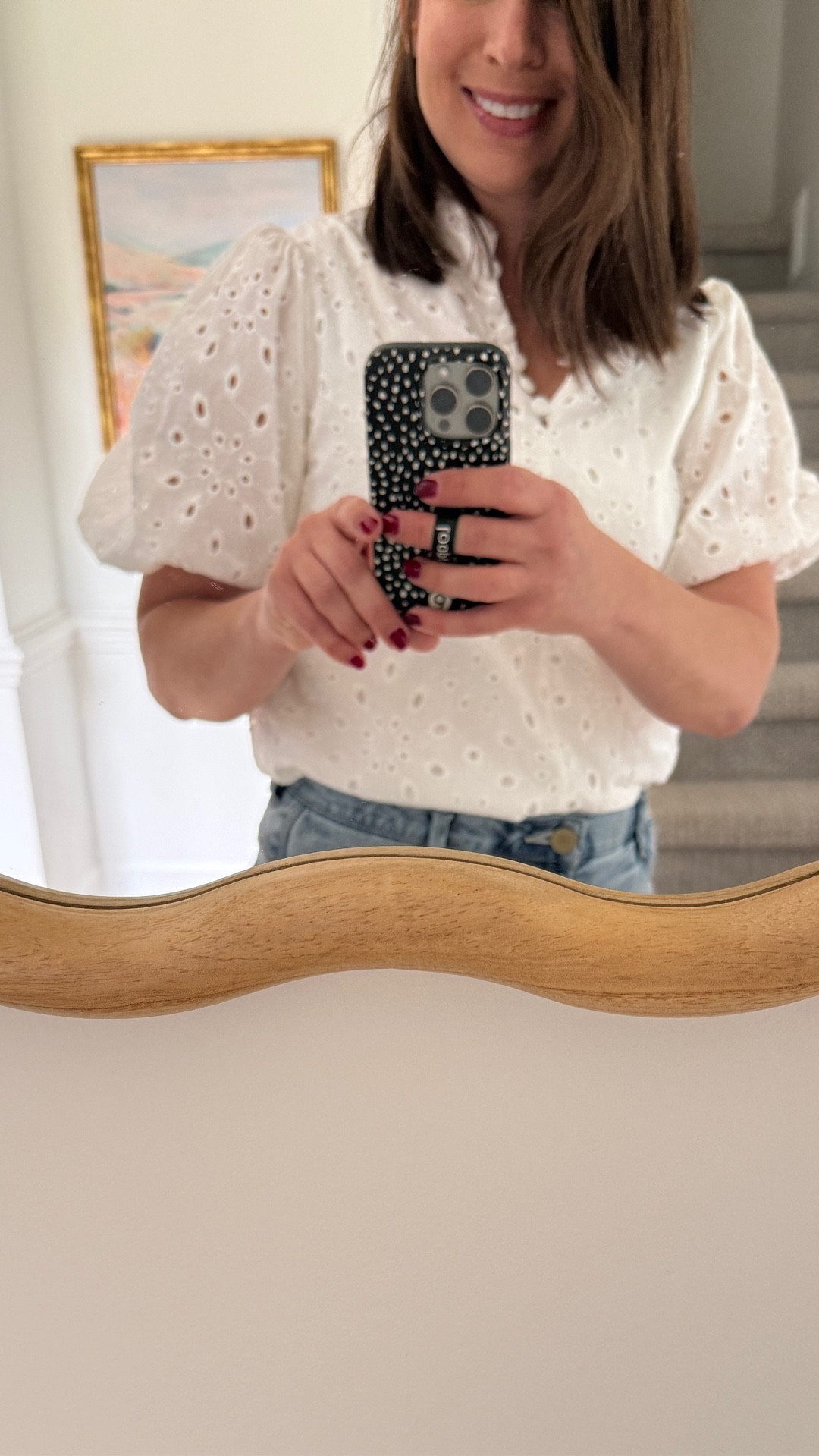 Eyelets are for spring and summer🙌 I’m usually a medium, but sized down to a small in this blouse. I paired it with some simple jeans and my cute blue suede mules🩵

#LTKOver40 #LTKHome