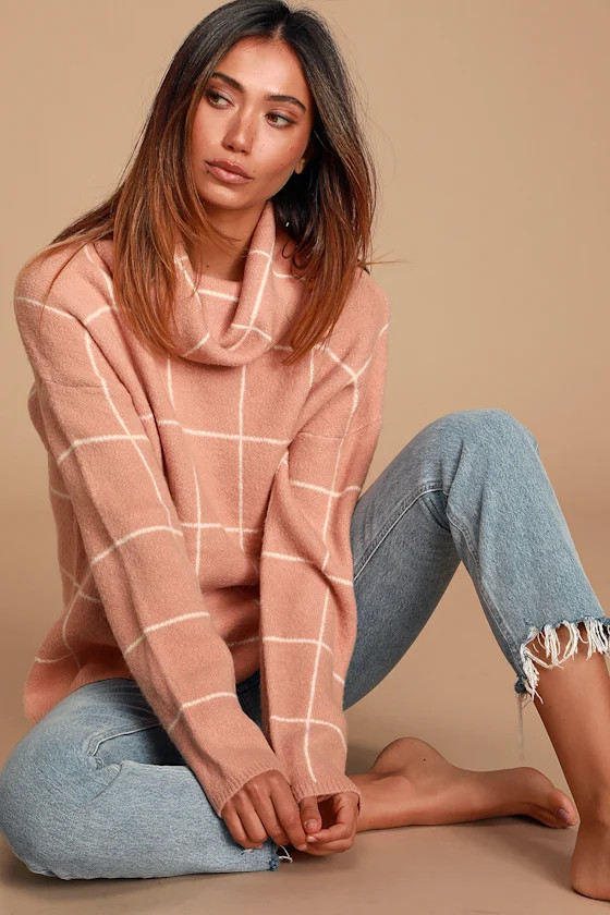 Emira Blush Pink and White Cowl Neck Knit Sweater | Lulus (US)