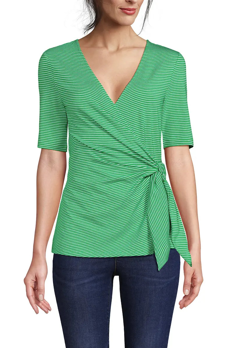 Lands' End Elbow Sleeve Lightweight Jersey Side Tie Blouse | Nordstrom | Nordstrom