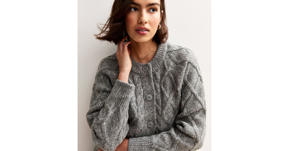 Grey Cable Knit Crew Neck Cardigan | New Look | New Look (UK)