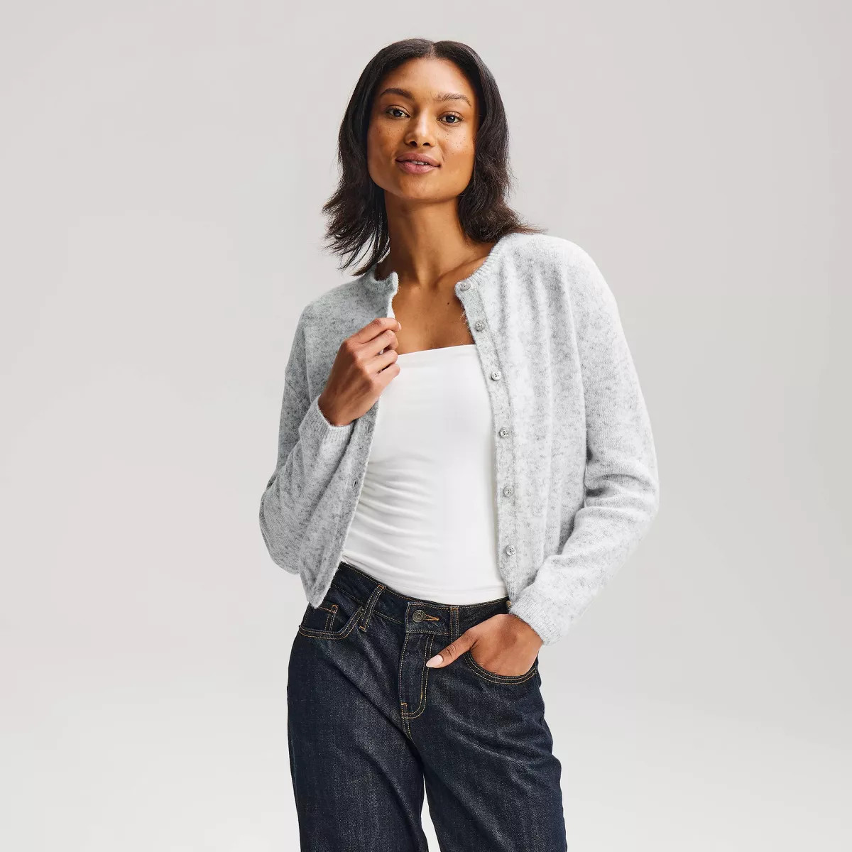 Women's Crewneck Cardigan Sweater - Wild Fable\u2122 Light Gray XS | Target