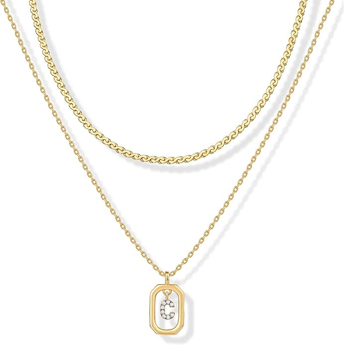 PAVOI 14K Gold Plated Cubic Zirconia Letter Pendant Layered Necklace | Framed Initial Letter Cabl... | Amazon (US)