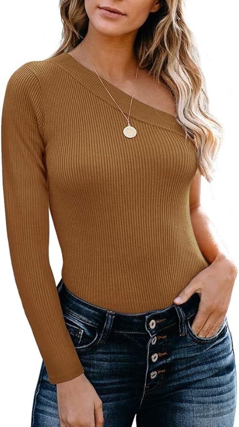 REORIA Womens Sexy One Shoulder Short Sleeve Knit Ribbed Top Bodysuits | Amazon (US)
