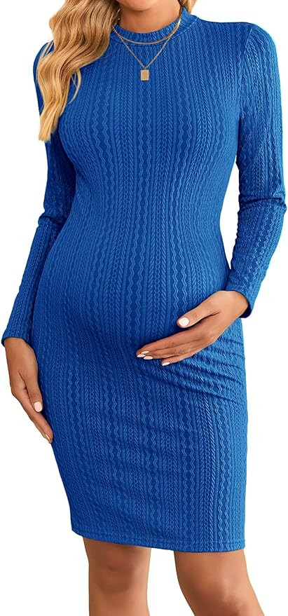 Ekouaer Maternity Dress Rib Knit Mock Turtleneck Long Sleeve Stretchy Bodycon Pregnancy Dresses | Amazon (US)