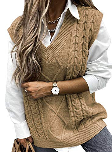 EVALESS Womens Sweater Vest V Neck Sleeveless Sweaters for Women 2024 Cable Knit Solid Color Tops Loose Casual Soft Sweater Khaki Small | Amazon (US)