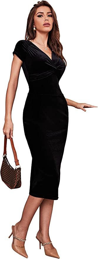 Floerns Women's Twist Front Short Sleeve V Neck Party Wedding Pencil Long Dress | Amazon (US)