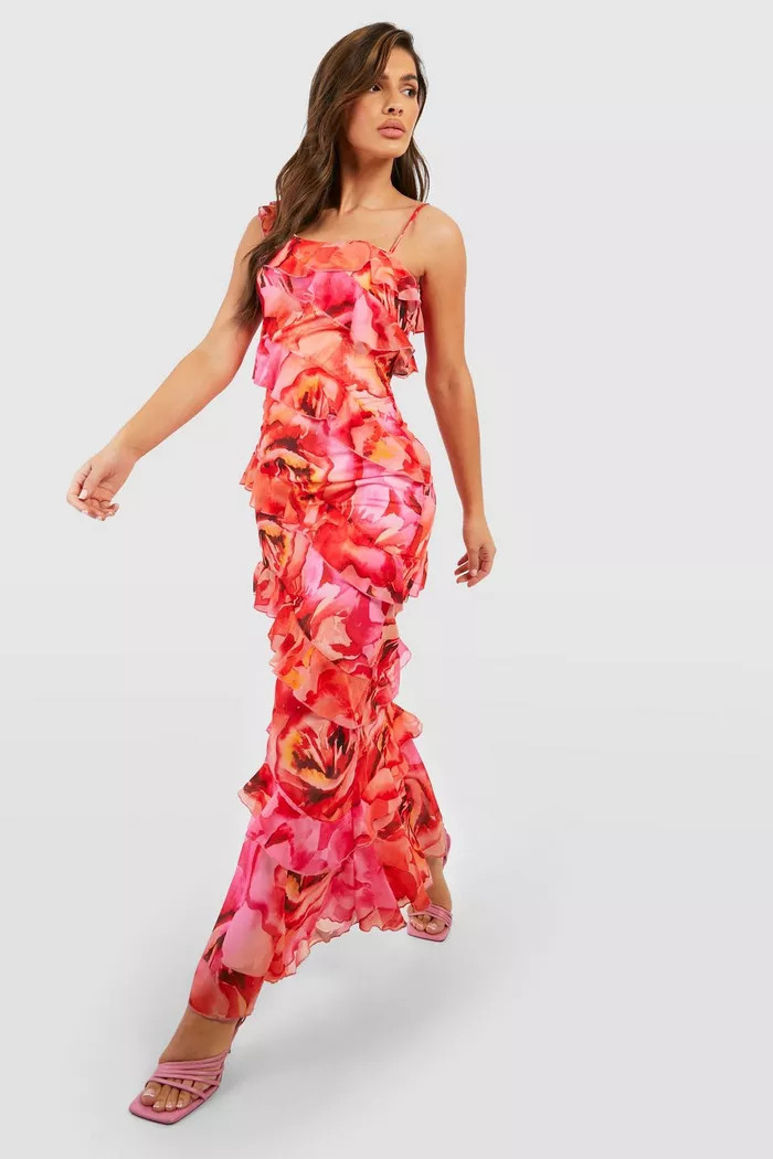 Floral Ruffle Chiffon Asymmetric Maxi Dress | Boohoo.com (UK & IE)