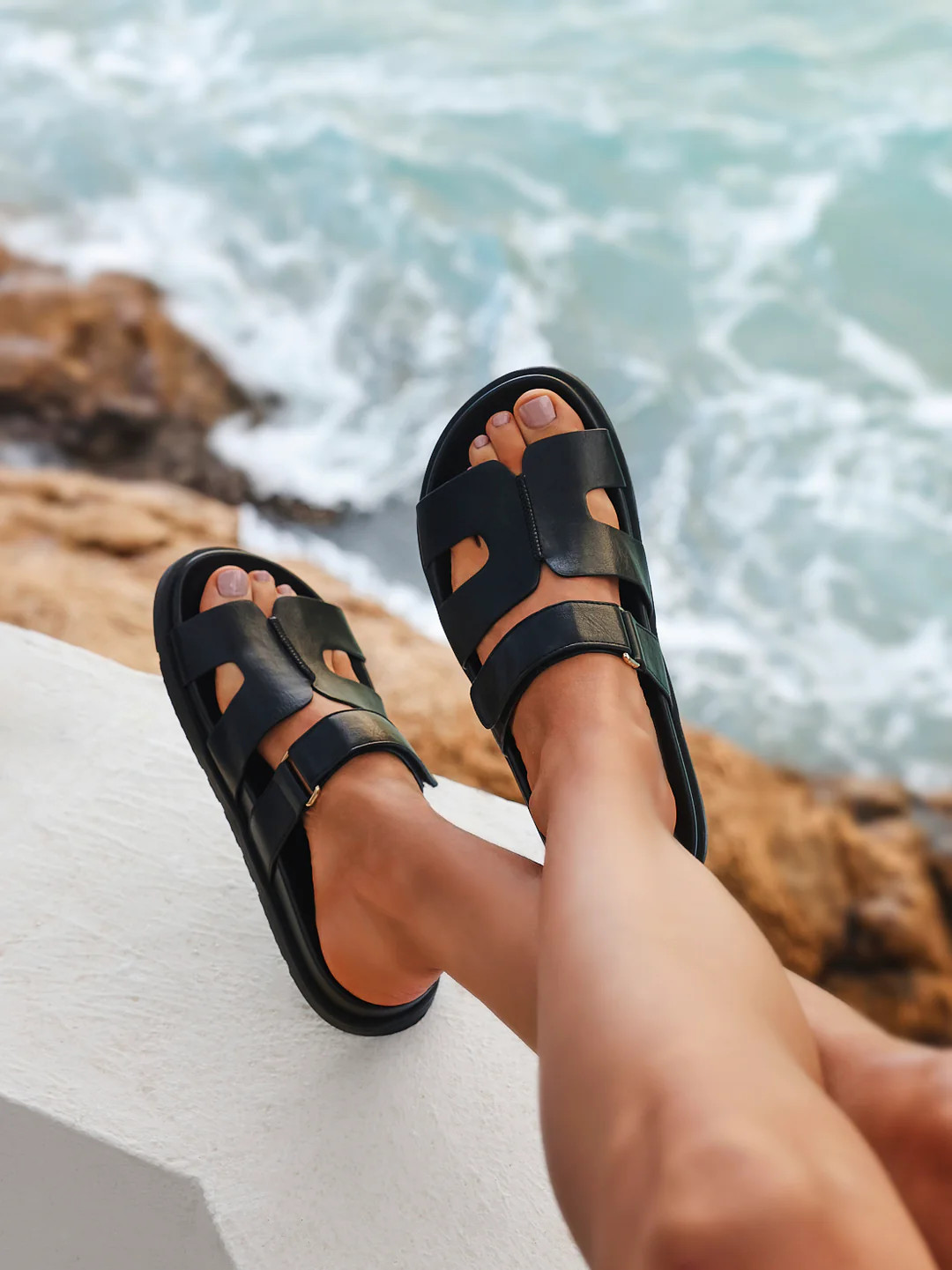 Black Faux Leather Footbed Linked Design Sandal | Linzi Shoes