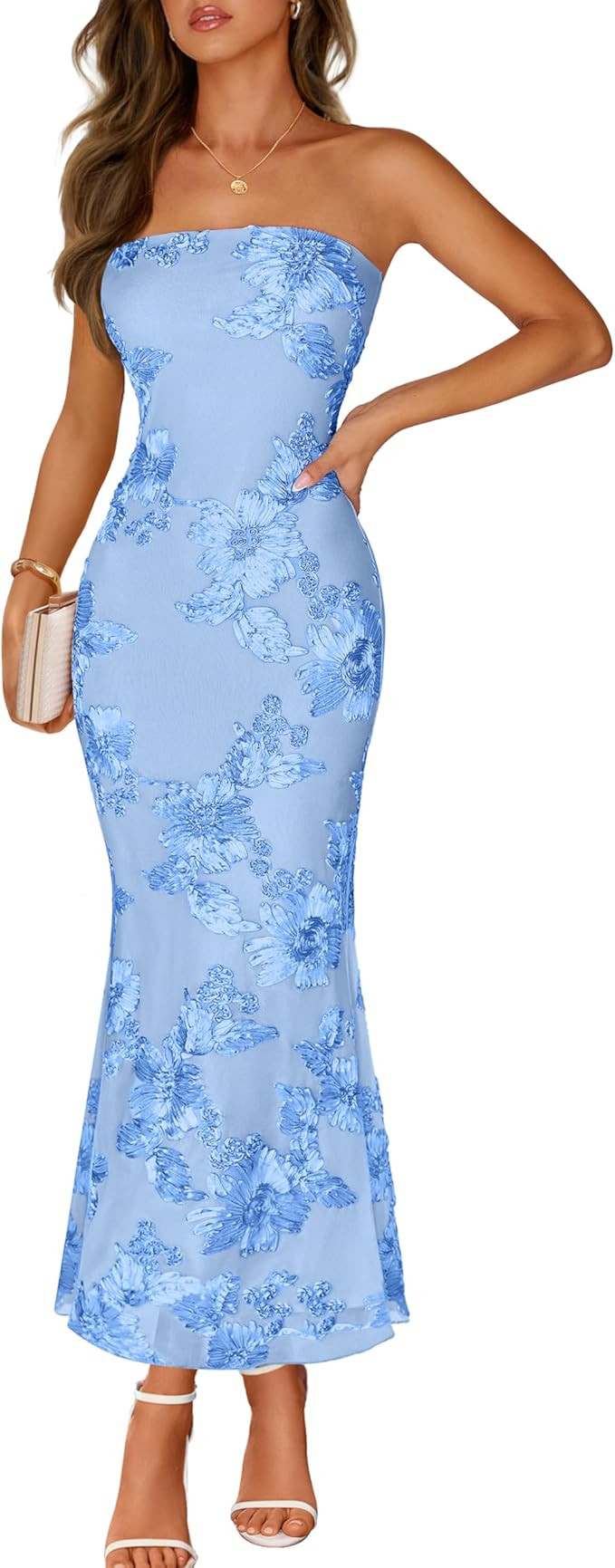 MEROKEETY Women's Floral Strapless Maxi Dress 2026 Summer Mesh Tube Bodycon Formal Wedding Guest ... | Amazon (US)