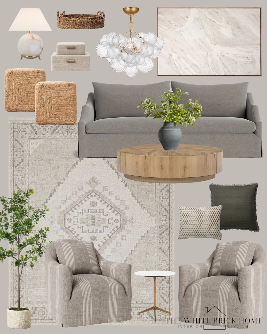 A warm, modern traditional living room - layered neutrals, soft textures, and timeless priebe thah make everyday living feel elevated. 
🖤🖤
Living room, living room furniture, living room ideas, living room decor ideas, sofa, couch, living room seating, living room area rug, rug, accent chair, side table, end table, faux tree, ottoman, home design ideas, home decor, wall art, chandeliers, semi flush mount, flush mount light, bubble light, home decor, home accents, home accessories, McGee and co, pottery barn, lumens, visual comfort 


#LTKSaleAlert #LTKSeasonal #LTKHome
