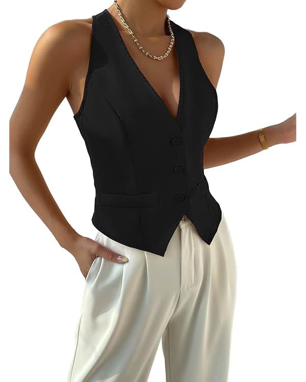 Verdusa Women's Single Breasted Sleeveless V Neck Vest Jacket Waistcoat | Amazon (US)