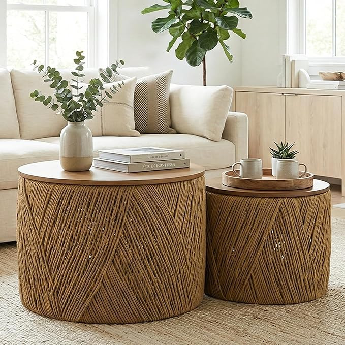 chairus Farmhouse Storage Round Coffee Table Boho Nesting Table with Lifting Top Hand-Woven Ratta... | Amazon (US)