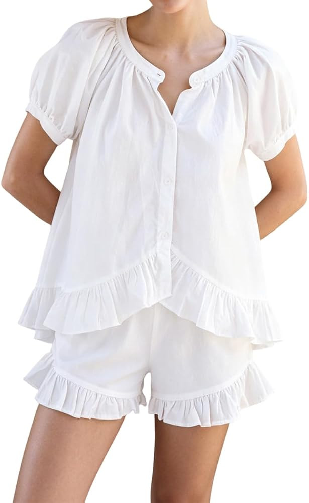 Womens Summer Ruffle Pajama Set Cotton Button Down 2 Piece Outfits | Amazon (US)