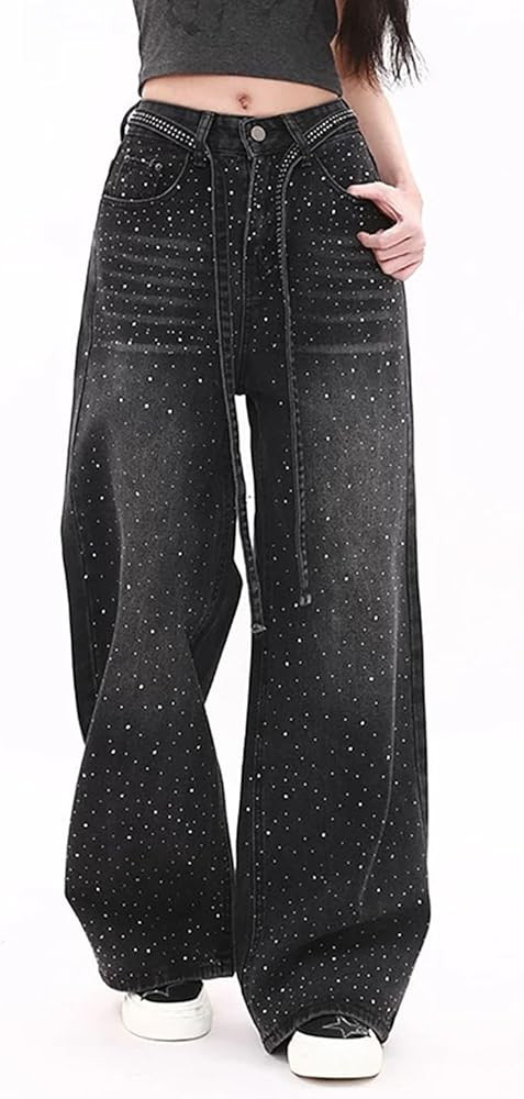 Baggy Jeans for Women Girls, Boyfriend Jeans Rhinestone Pants High Waisted Straight Leg Denim Pan... | Amazon (US)