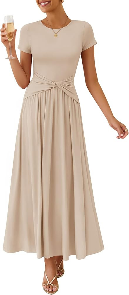 ZESICA Women's 2026 Summer Short Sleeve Maxi Dresses Twist Front Wedding Guest Cocktail Flowy A L... | Amazon (US)