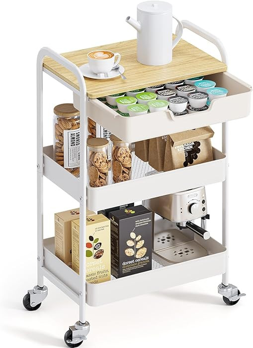 TOOLF 3-Tier Metal Utility Rolling Cart with Drawer and Wooden Table Top, Storage Cart White Trol... | Amazon (US)
