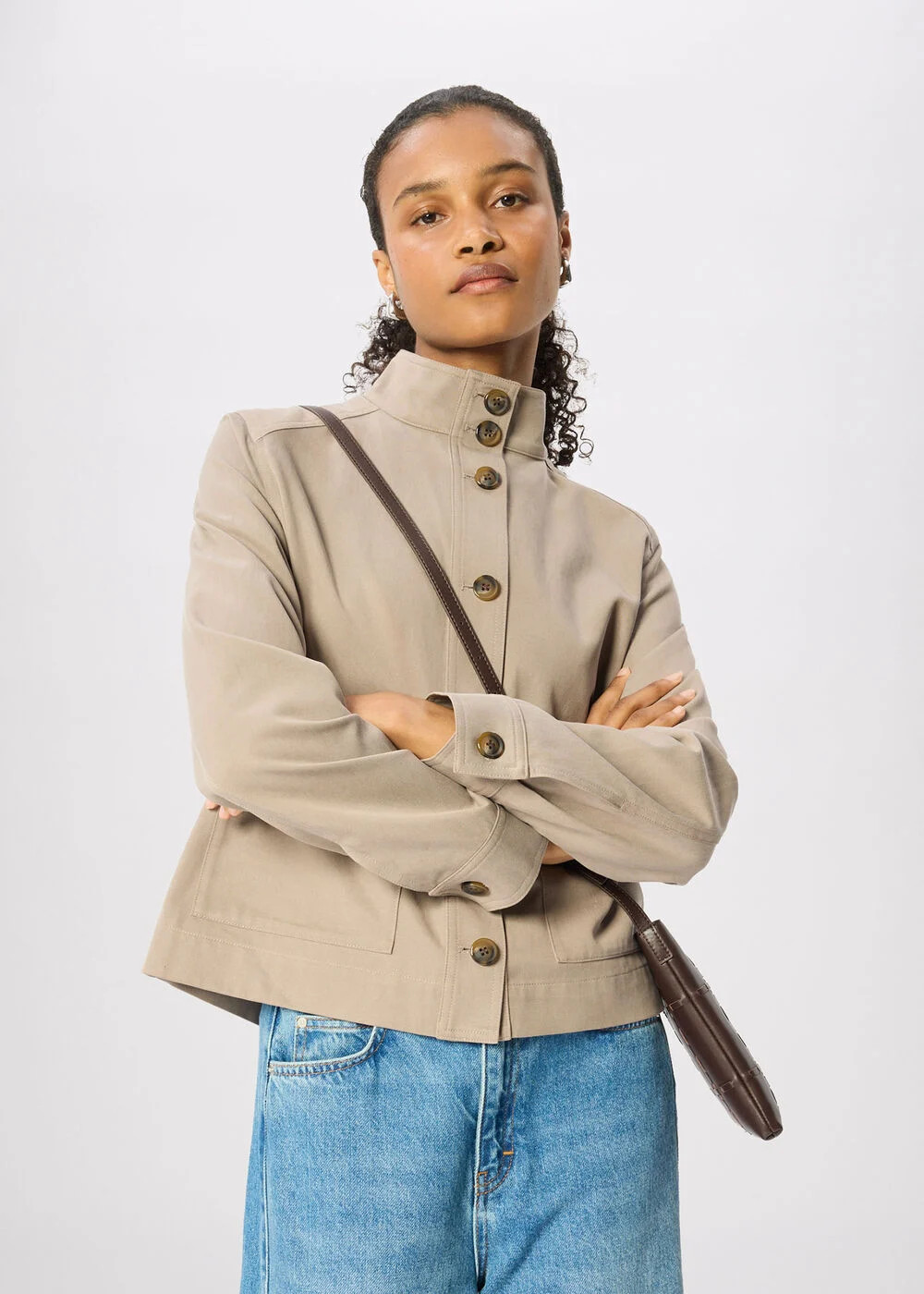 Taupe Funnel Neck Cotton Jacket | WHISTLES | Whistles US | | Whistles