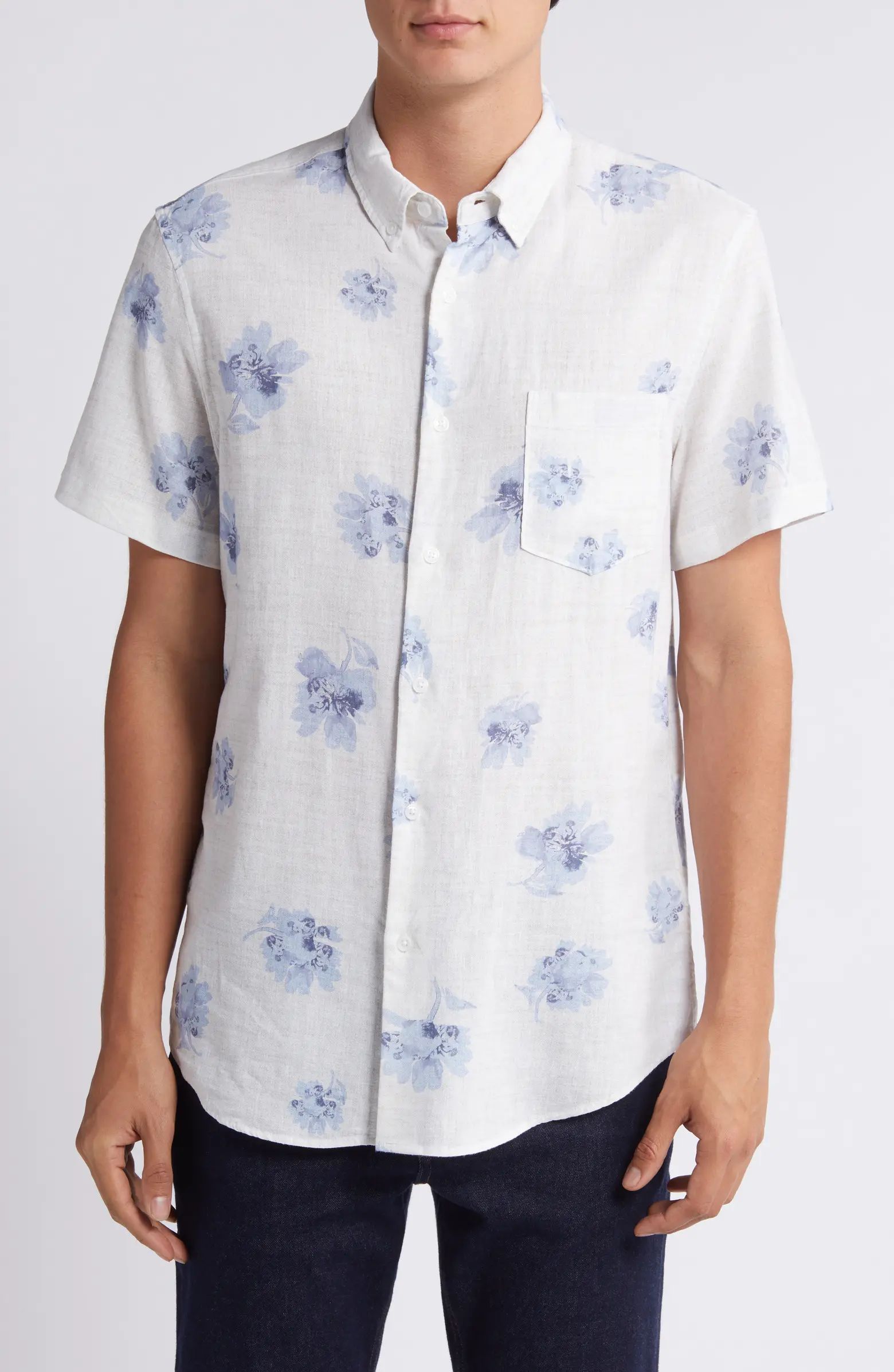 Trim Fit Floral Short Sleeve Linen Blend Button-Down Shirt | Nordstrom