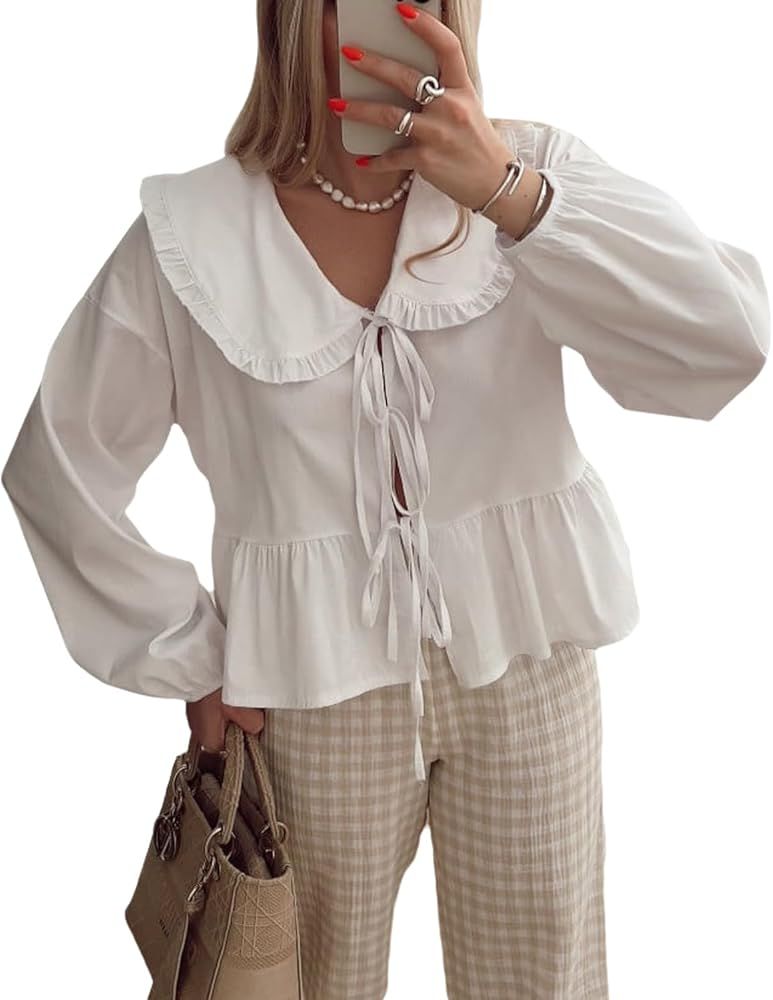 Women Lapel Doll Collar Blouse Puff Sleeve Pleated Tie Front Peplum Shirts Summer Cute Babydoll T... | Amazon (US)