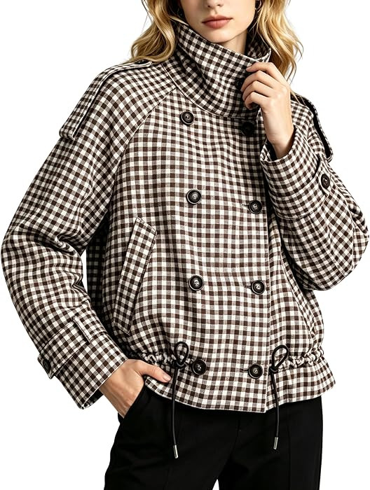 Mannjin Women's Gingham Trench Coat Funnel Neck Jacket | Amazon (US)