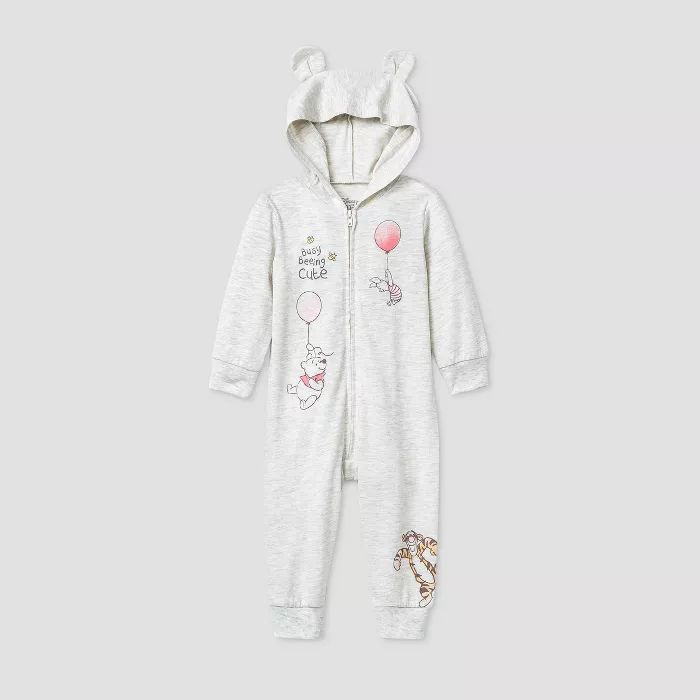 Baby Girls' Winnie The Pooh and Friends Long Sleeve Hooded Fleece Coverall - Gray | Target