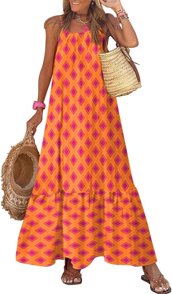 Dokotoo Women Summer Dresses 2025 Spaghetti Strap Scoop Neck Smocked Ruffle Flowy Boho Maxi Dress | Amazon (US)